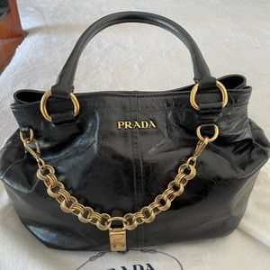 Prada Black Leather with Gold Chain Shoulder Bag